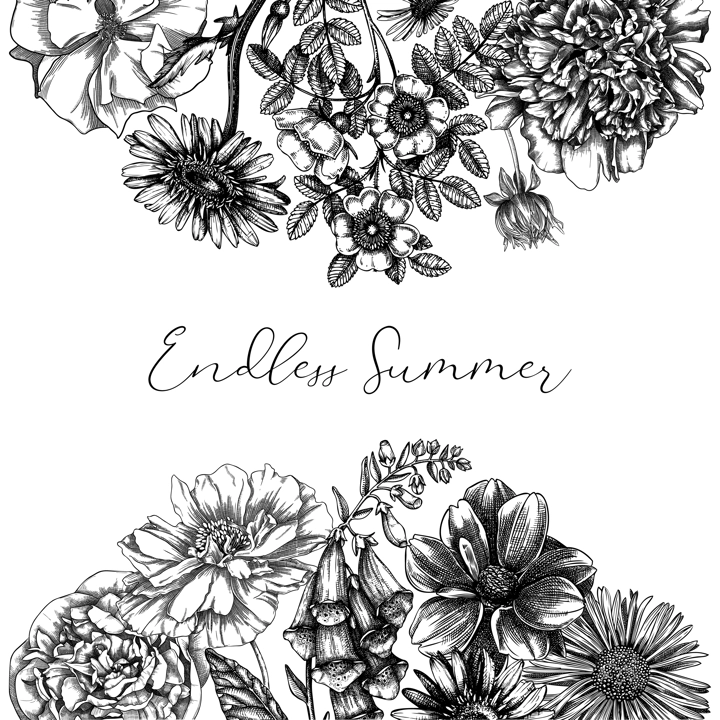 Summer flowers card in vintage style. Hand-sketched garden plants frame design. Perfect for greeting cards, wedding invites, and banners. Hand-drawn botanical illustration with floral sketches.